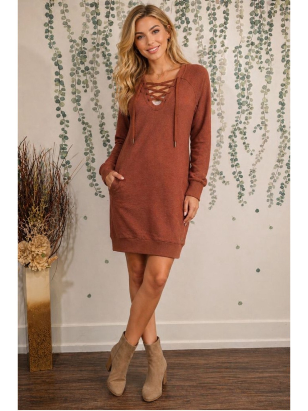 NWT Prana Cozy Up Terry Dress Rust Brown Lace Up Sweatshirt Dress Size Small